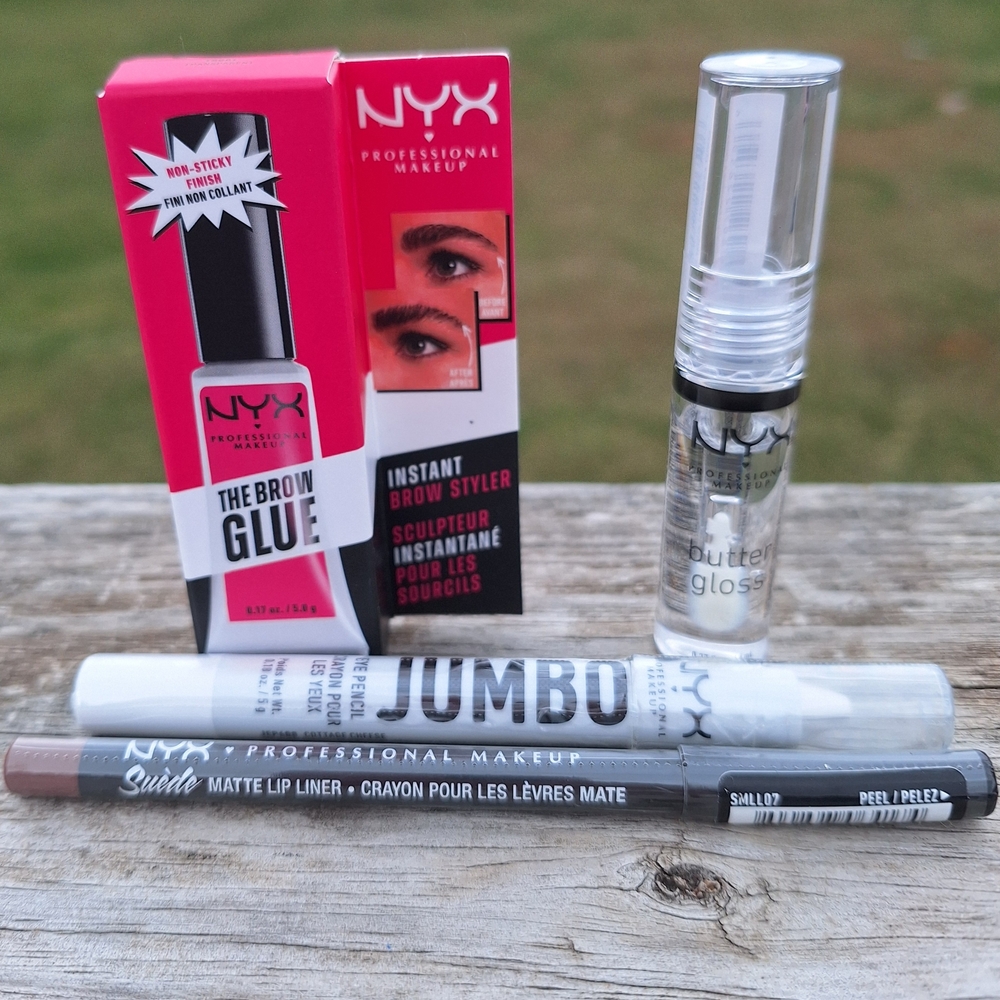NYX Cosmetics Bundle of 4 Brow Glue Jumbo Eye Pencil Lip Liner Butter Lip Gloss